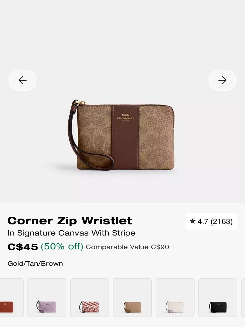 Coach Signature Corner Zip Wristlet in Tan and Brown